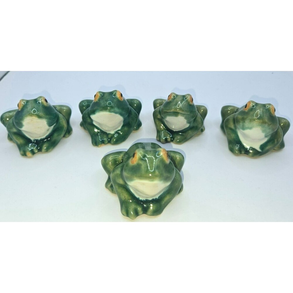 70s-Vintage Hand-Glazed Ceramic Green Frog Figurines / Tabletop Decor – Set of 5